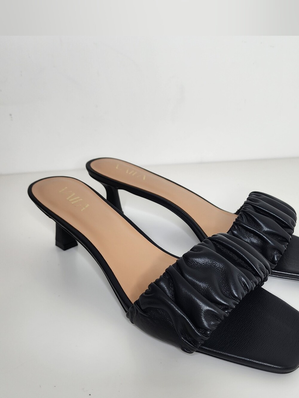 Vaila Callie Black Ruched Slide Heel for Women Sandal Size 13